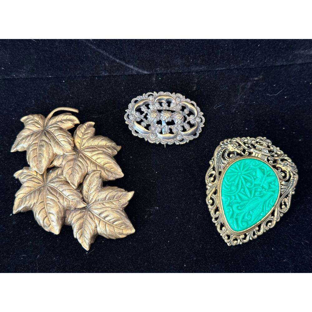Brooches Lot of 3 Gold Toned Green Bronze Tone Jewelry Accessories Vintage